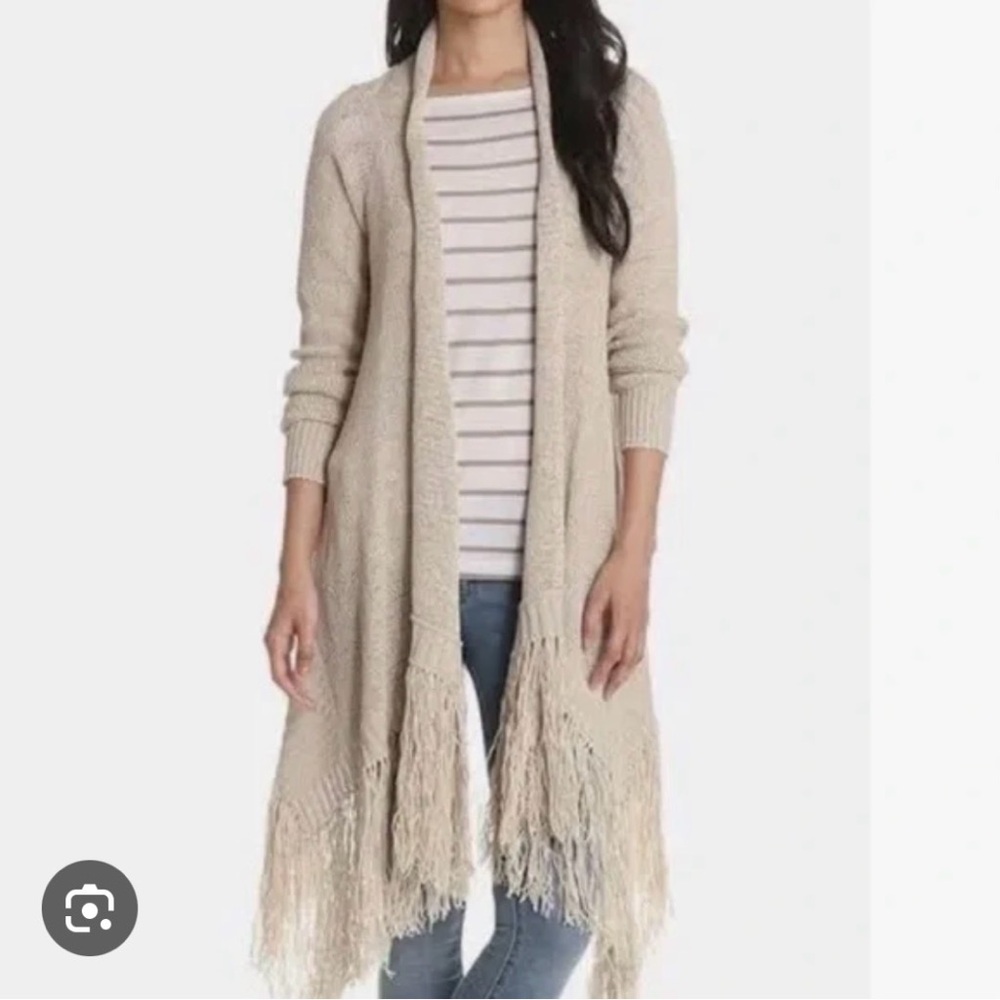 BCBGMaxAzria Textured Open Knit Cardigan Green Fringe M